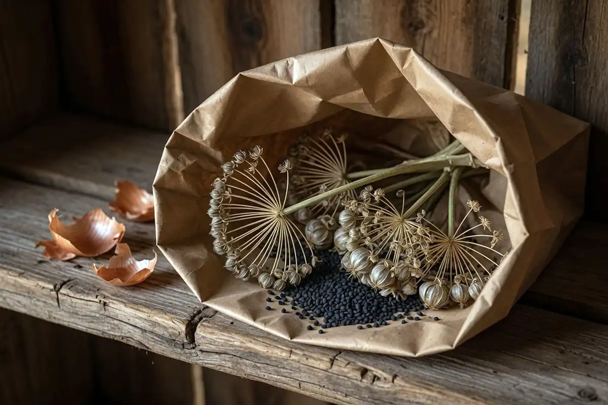 Onion seed heads drying upside down in a paper bag to release black seeds