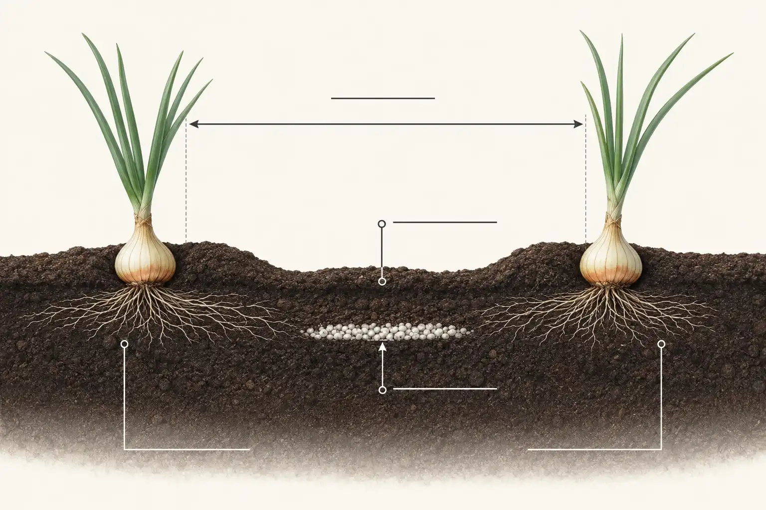 Diagram of how to side dress onions with a granular band 9 inches from each row and 2 to 3 inches deep to avoid root burn.