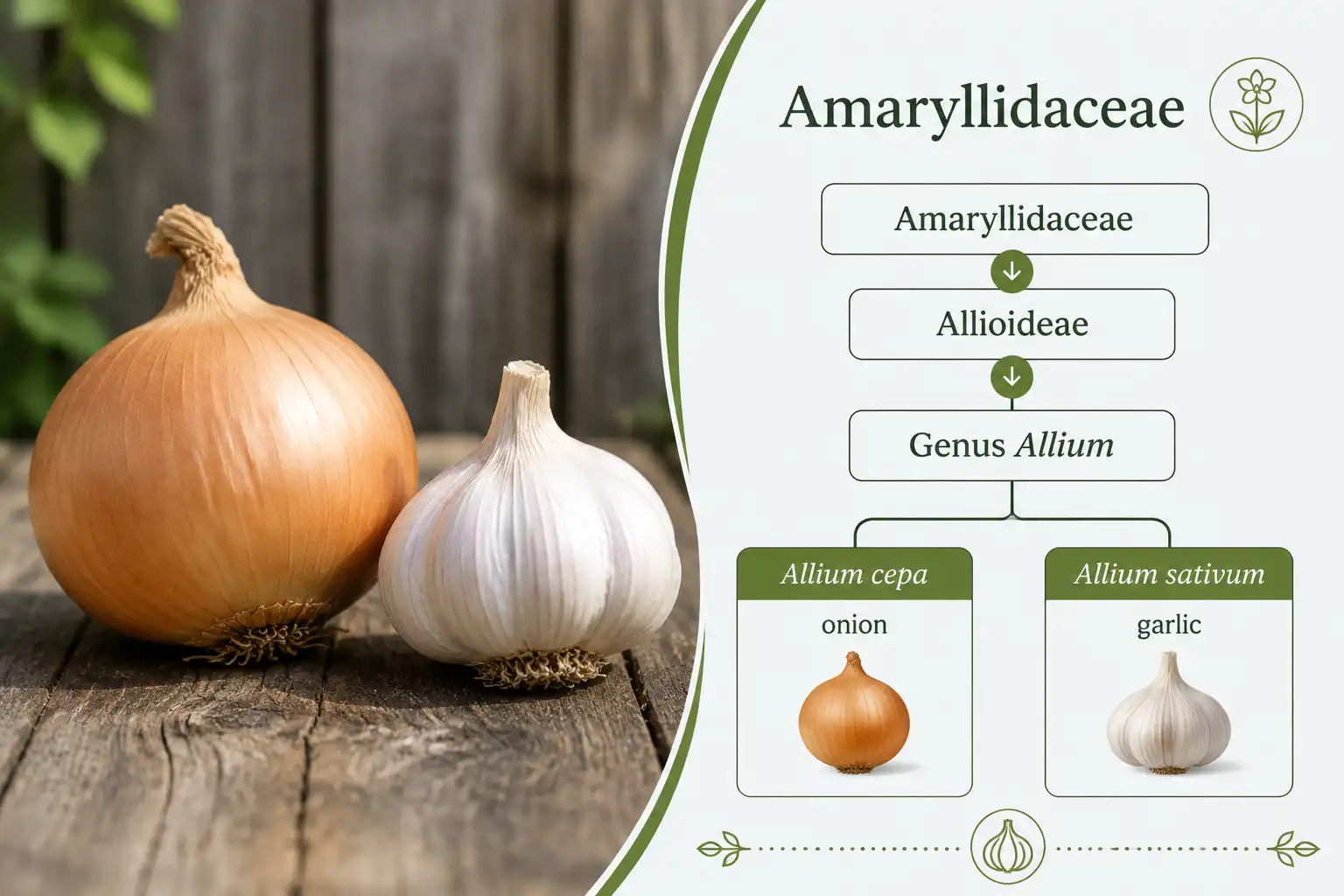 Onions and Garlic in the Same Family, both in genus Allium under Amaryllidaceae