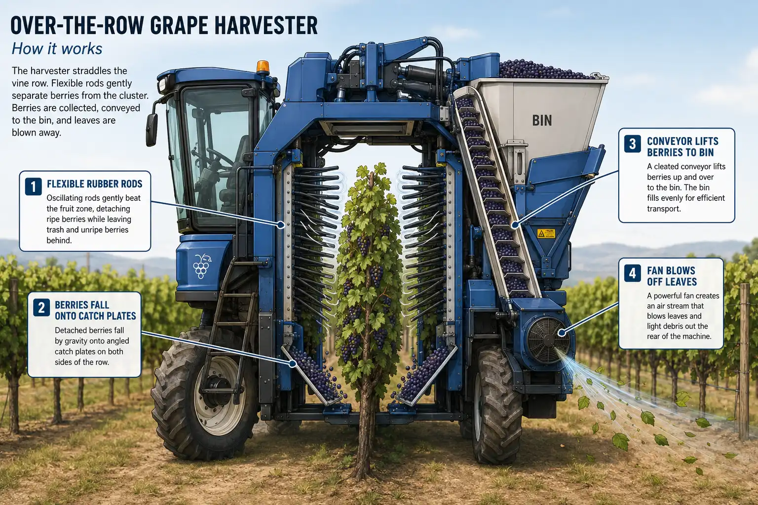 Diagram of a mechanical grape harvester using rods to shake berries onto a conveyor and remove leaves