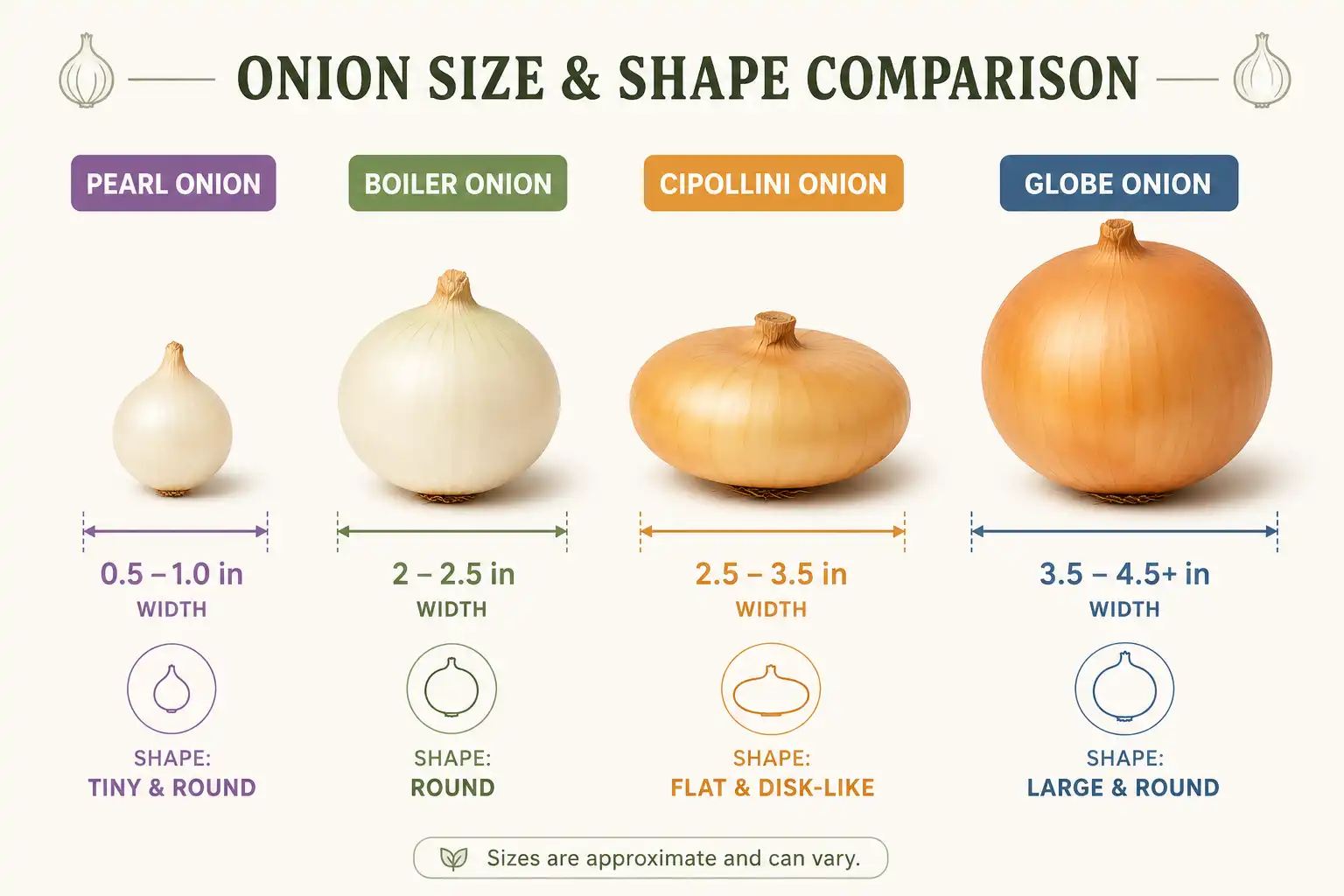 Size comparison chart of a pearl onion, boiler onion, flat cipollini, and large globe onion with their widths in inches