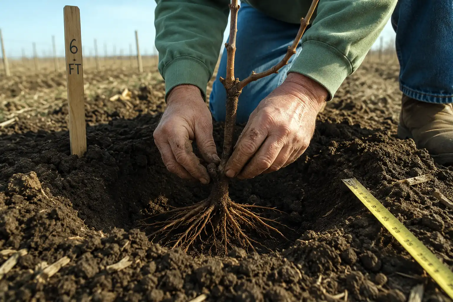 Planting a bare root grapevine at the correct depth with proper row spacing in spring