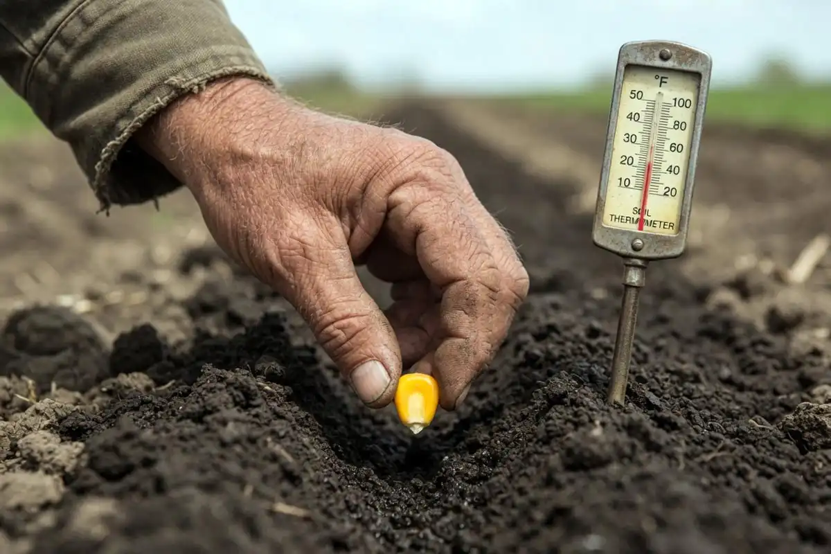 Farmer planting a sweet corn seed one inch deep next to a soil thermometer reading 62 degrees, showing correct planting depth for good germination