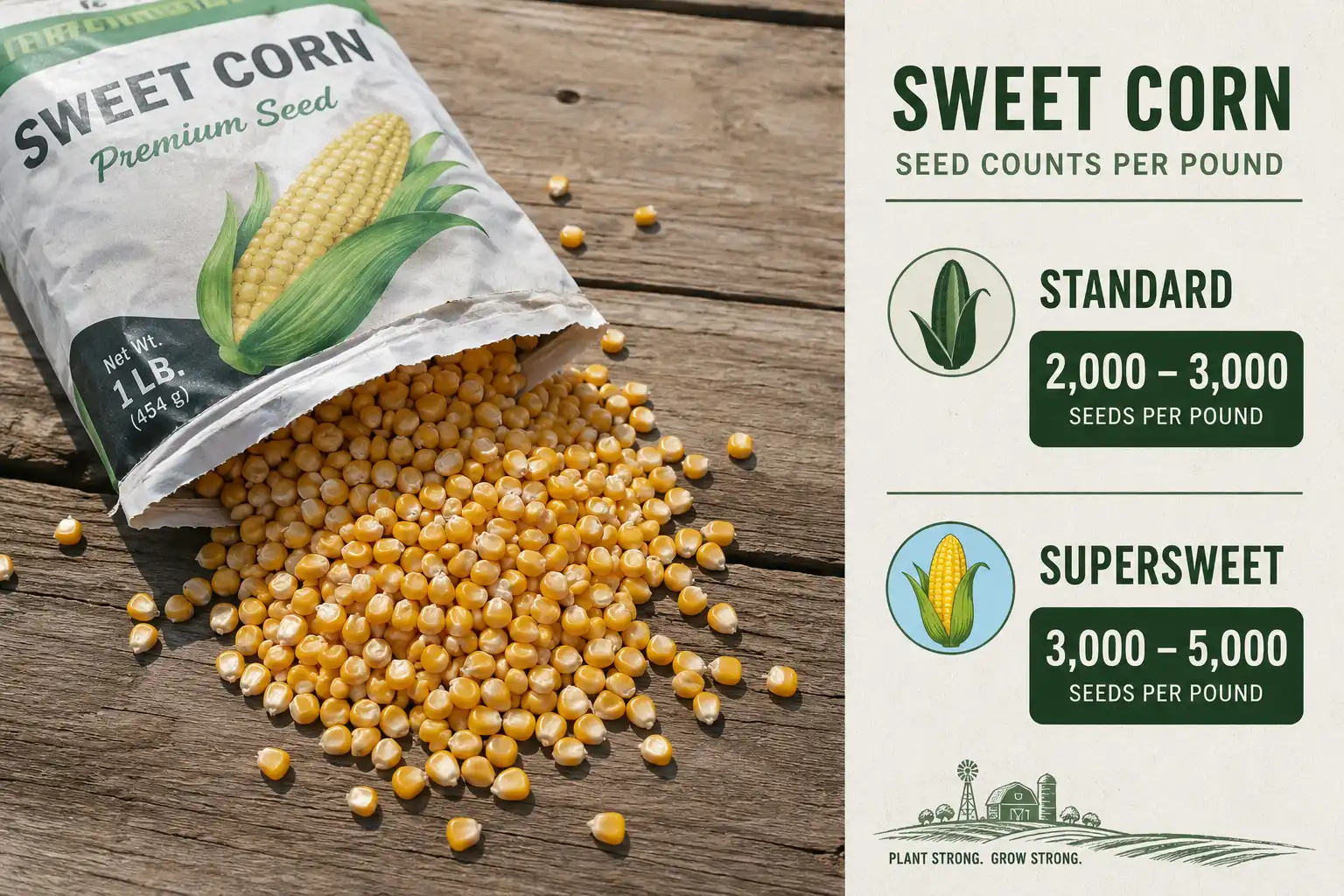 In a pound of sweet corn seed, standard types hold about 2,000 to 3,000, while supersweets run 3,000 to 5,000.