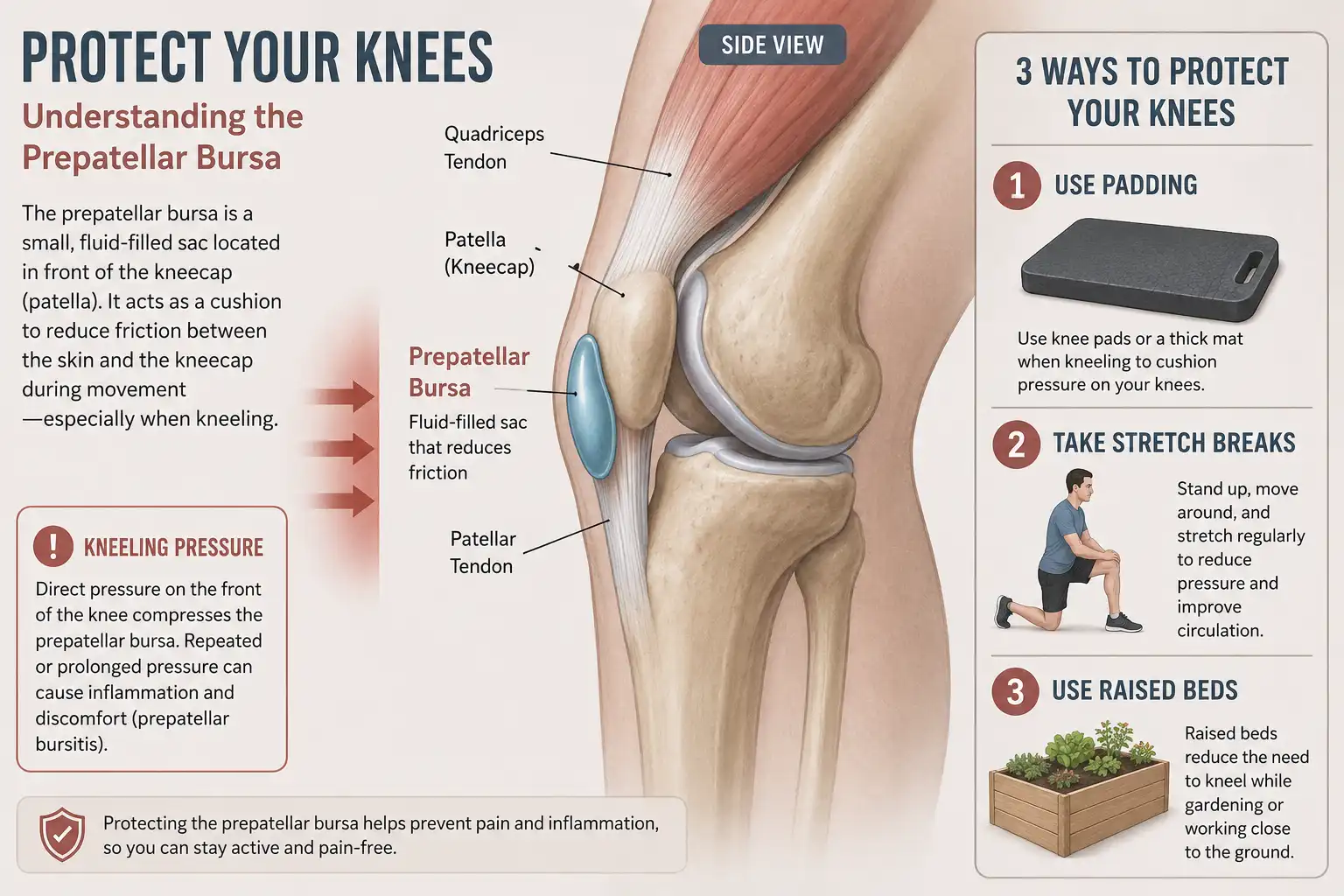 Diagram of the prepatellar bursa over the kneecap and tips to protect knees while gardening