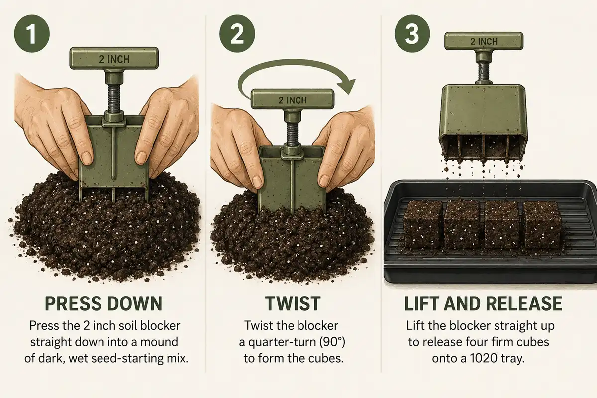 pressing a 2-inch soil blocker into wet mix and releasing firm cubes onto a 1020 tray