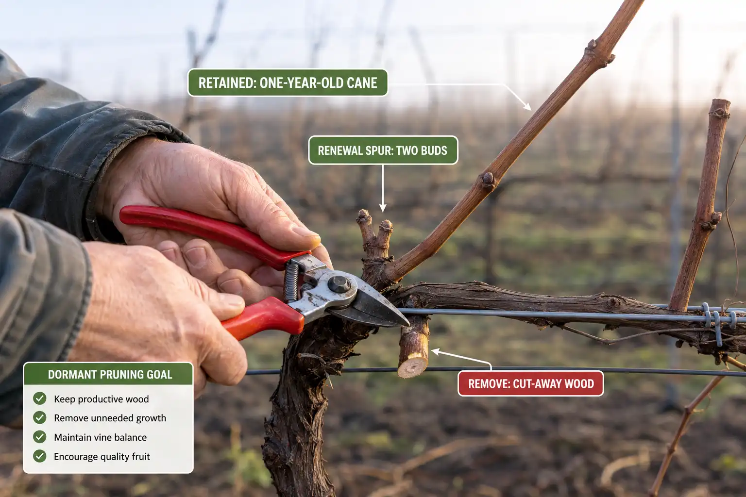 Guide to how to prune grapes, from reading the wood to cutting canes, thinning clusters, and training young vines for years of harvests.