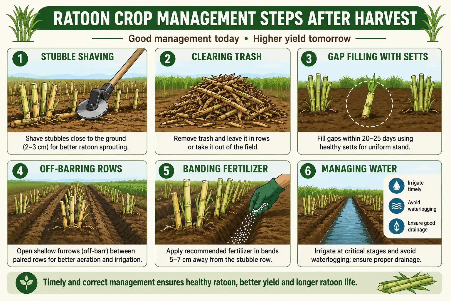 Infographic of ratoon sugarcane management steps including stubble shaving gap filling and fertilizing