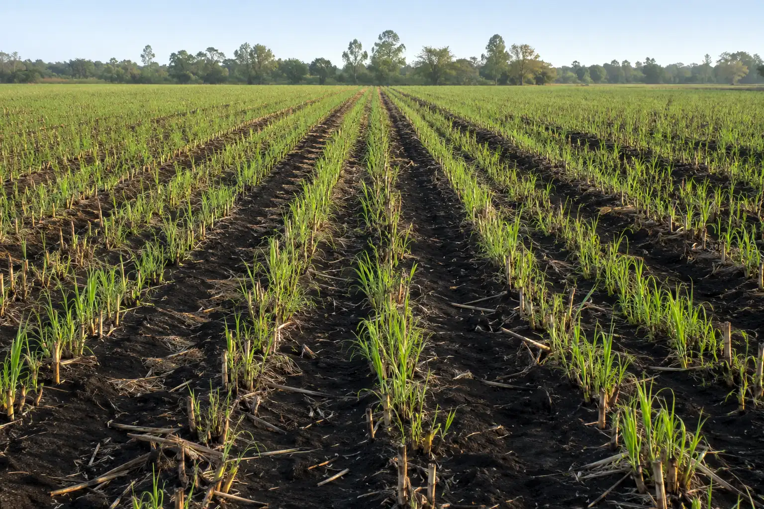Green ratoon sugarcane regrowth emerging from stubble across a harvested field weeks after cutting
