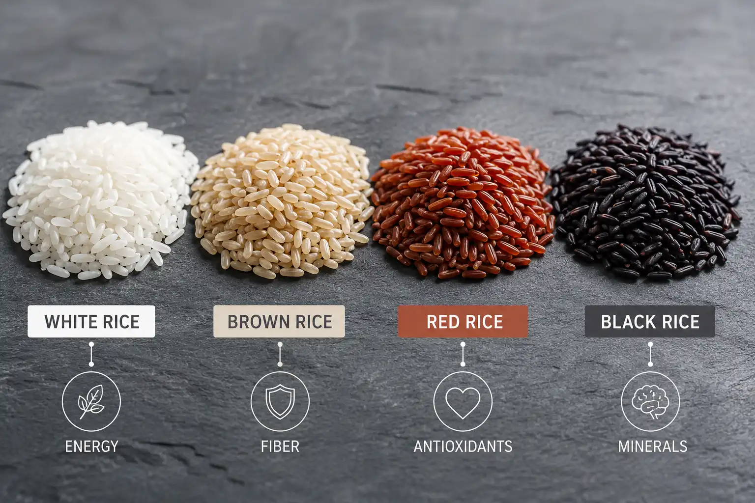 Four types of rice by color, white brown red and black, shown with labels