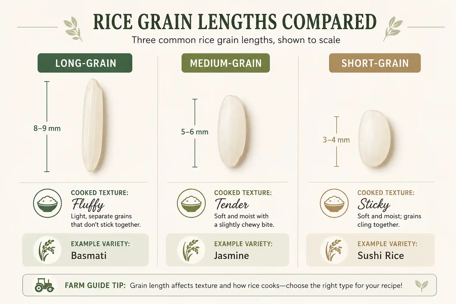 Comparison of long, medium, and short grain rice sizes with texture notes and example varieties