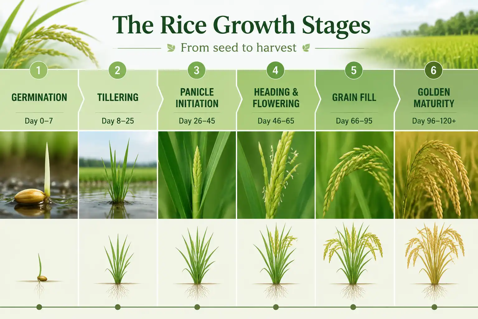 Timeline infographic of rice growth stages, showing how long rice takes to grow from germination through tillering, heading, and golden maturity.