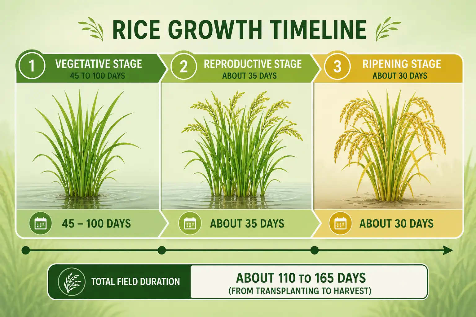 Rice growth stages timeline of vegetative 45 to 100 days, reproductive about 35 days, and ripening about 30 days