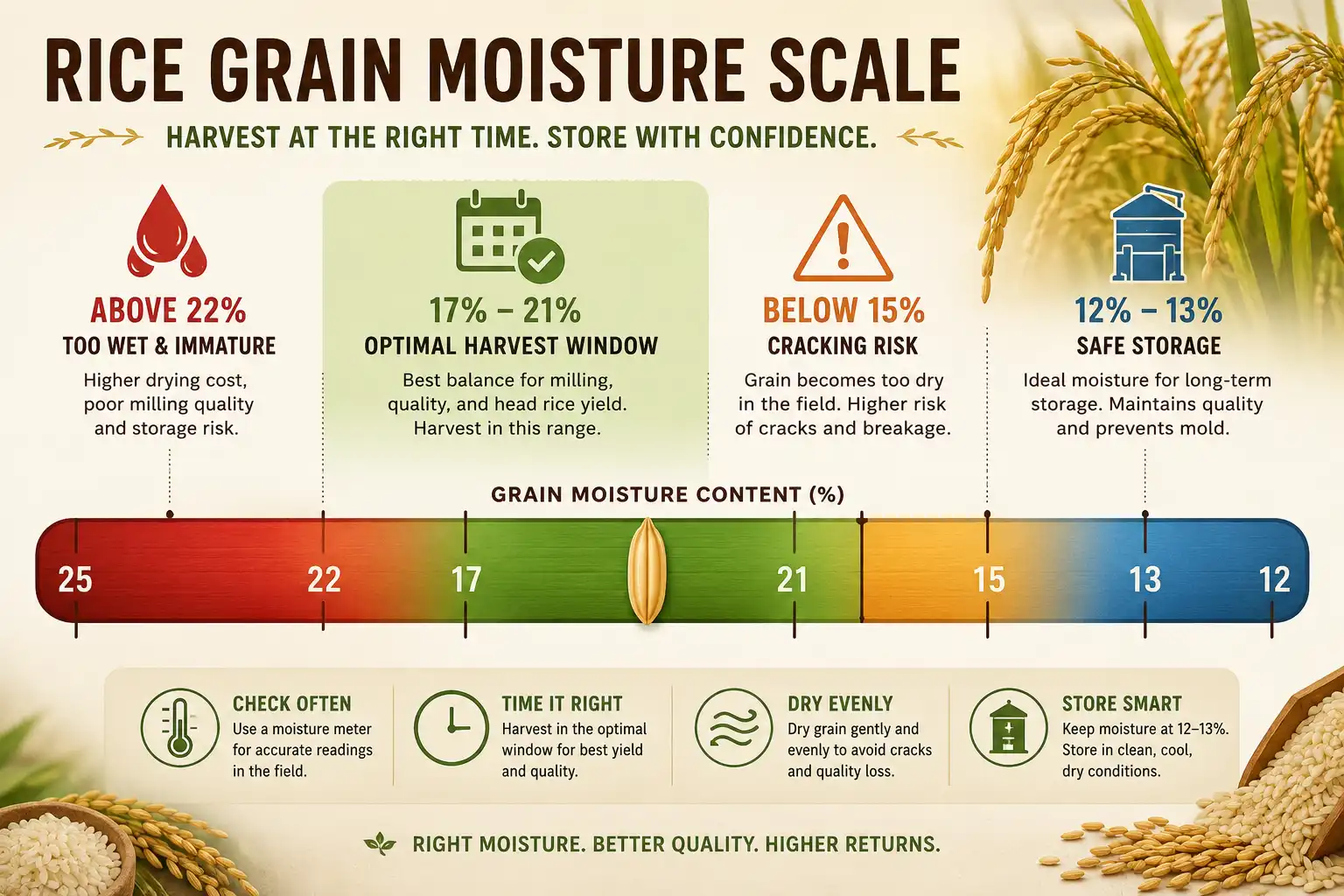 Rice harvest moisture chart of the best moisture for harvesting rice near 20 percent and 13 percent for storage