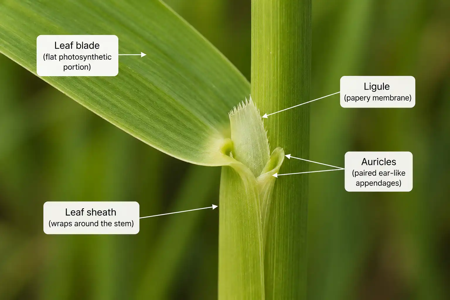 Rice plant leaf looks like, with the blade, sheath, ligule, and auricles labeled