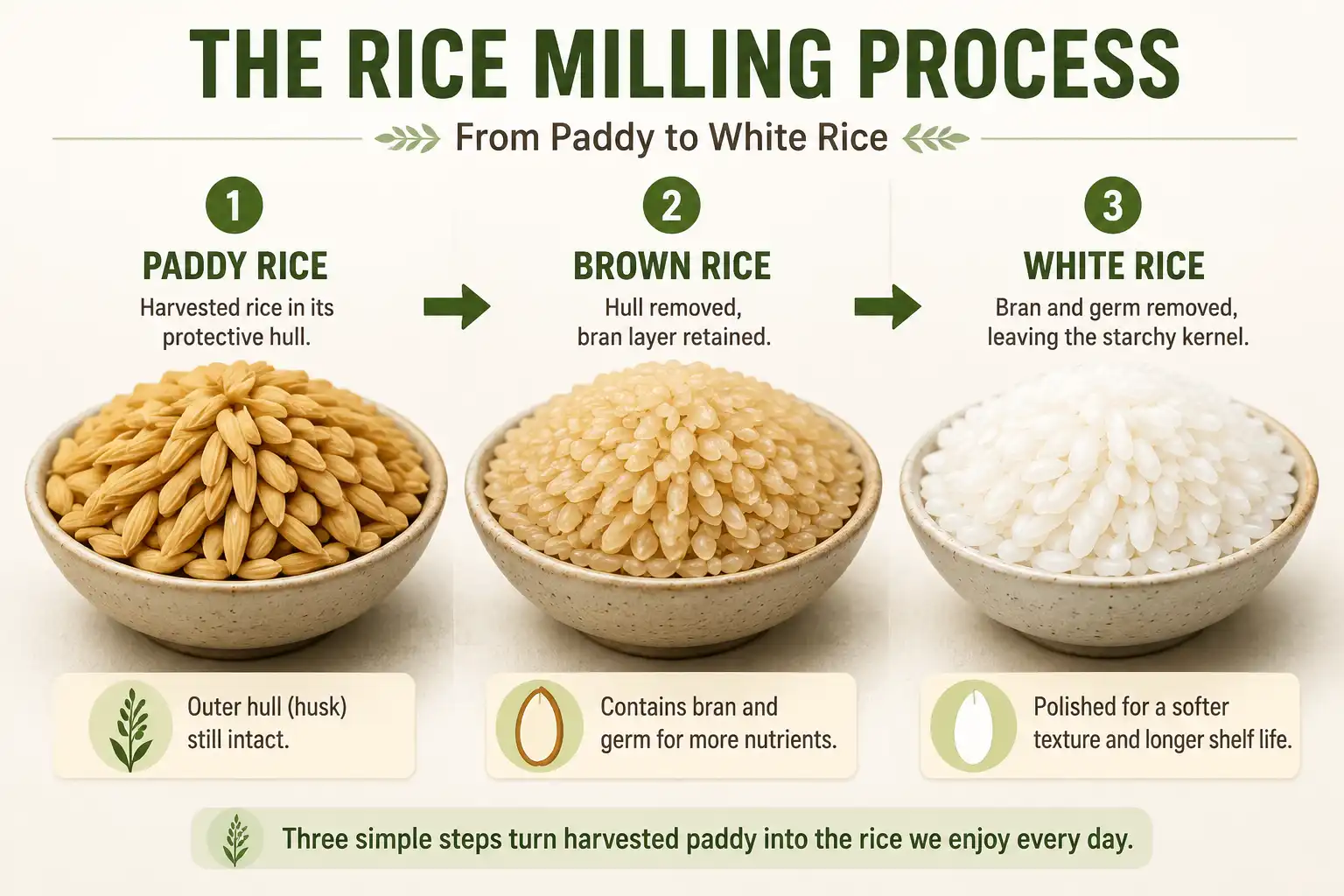 Infographic of rice milling stages, from hulled paddy rice to brown rice to polished white rice