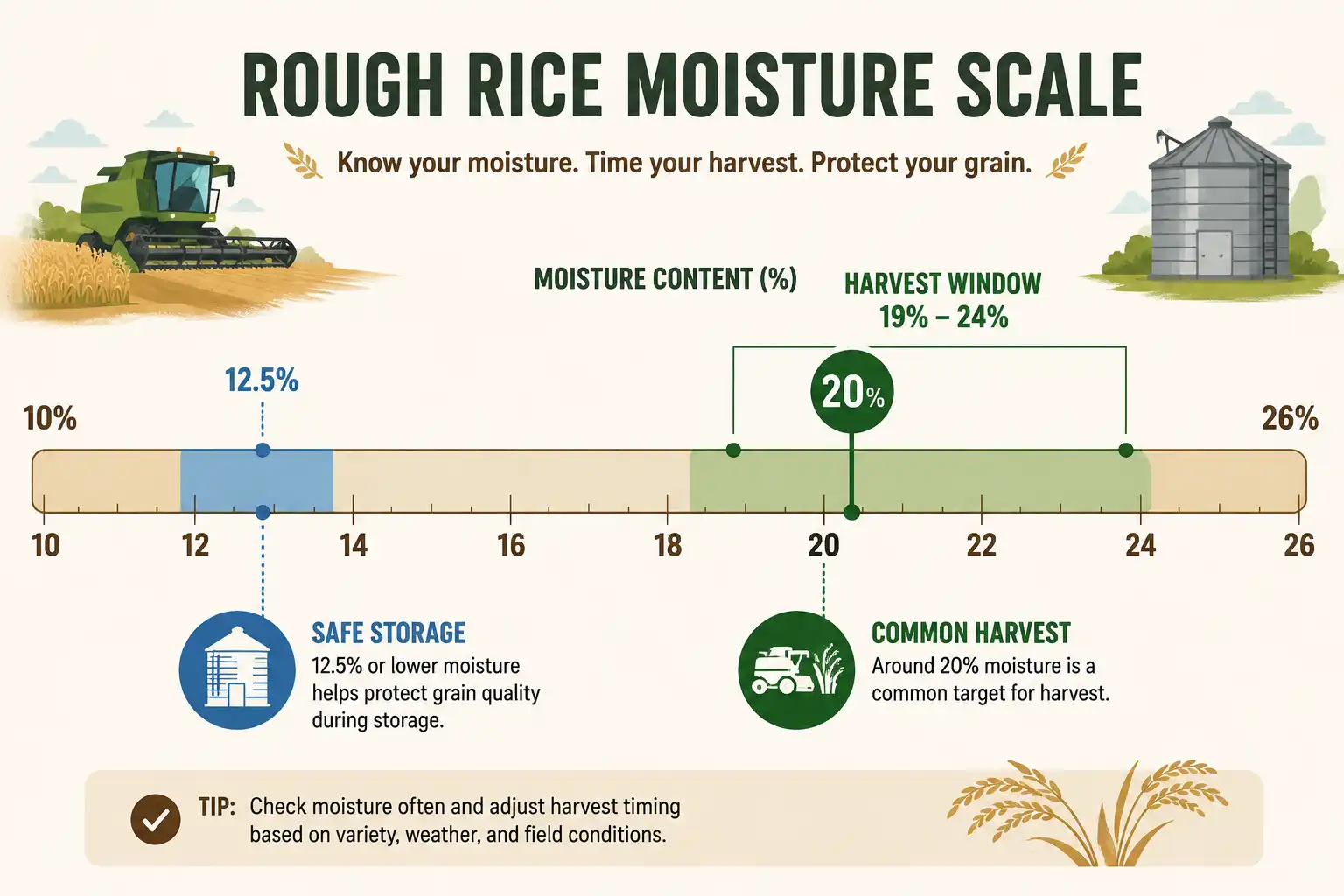 Rice paddy moisture targets chart of a harvest window near 20 percent and safe storage around 12.5 percent wet basis