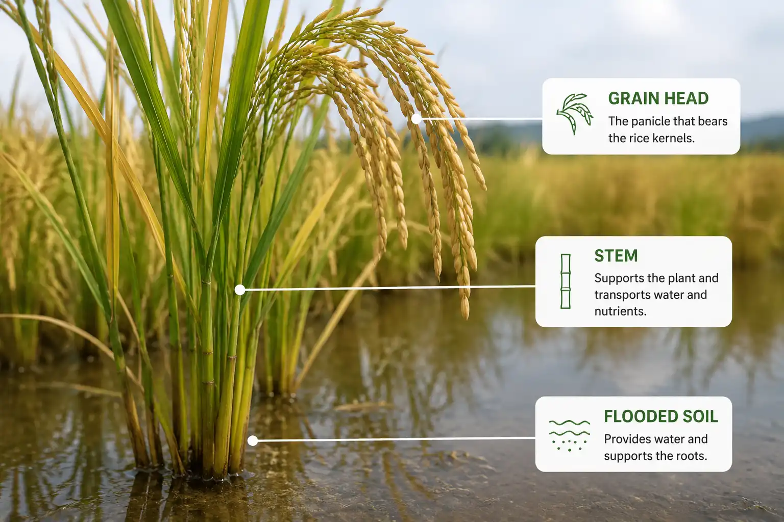 Labeled rice plant of the grain heads where edible rice seeds form on the Oryza sativa grass