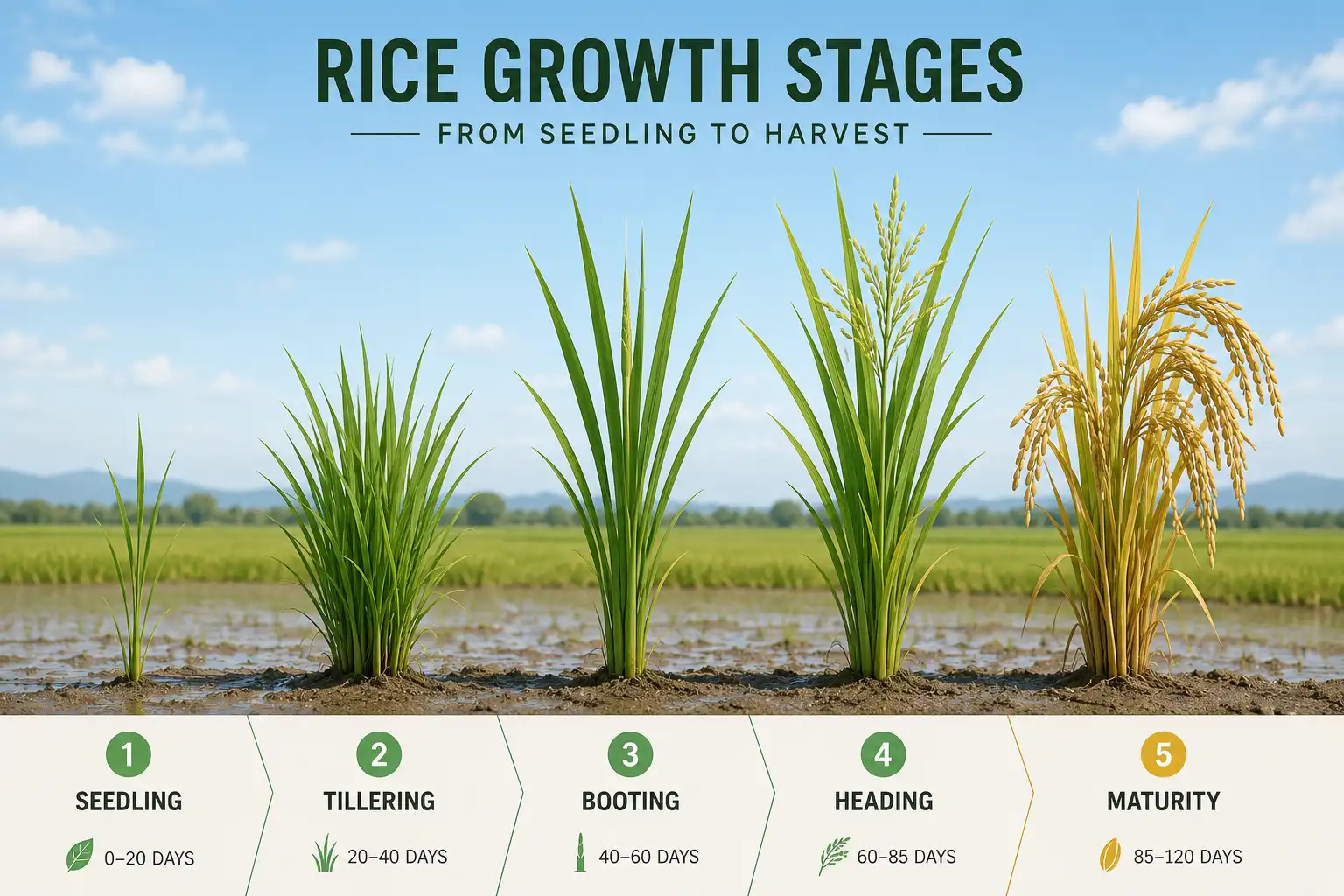 Infographic timeline of a rice plant looks like at each growth stage, from seedling to golden mature grain.