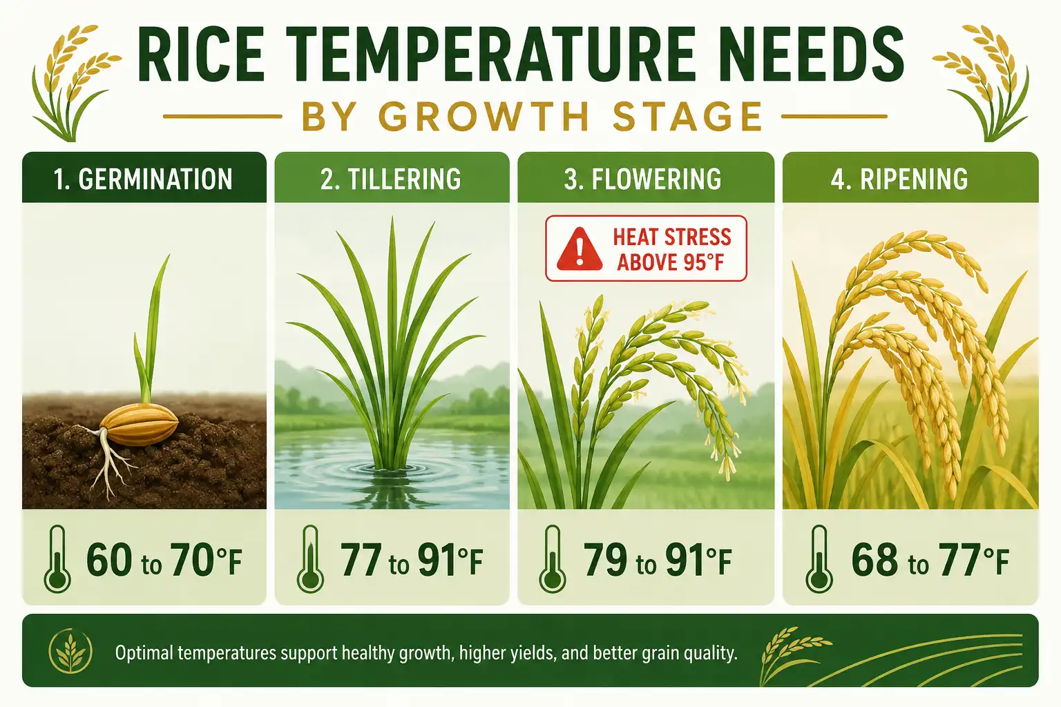 Chart of ideal rice growing temperatures by stage, from germination through ripening, shown in degrees Fahrenheit