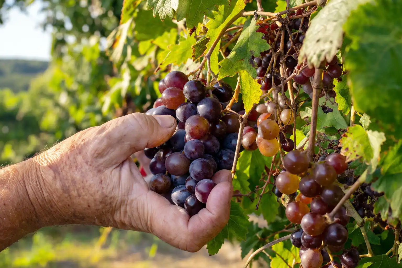 Ripe bronze and dark muscadine grapes on the vine being hand-picked at fall harvest