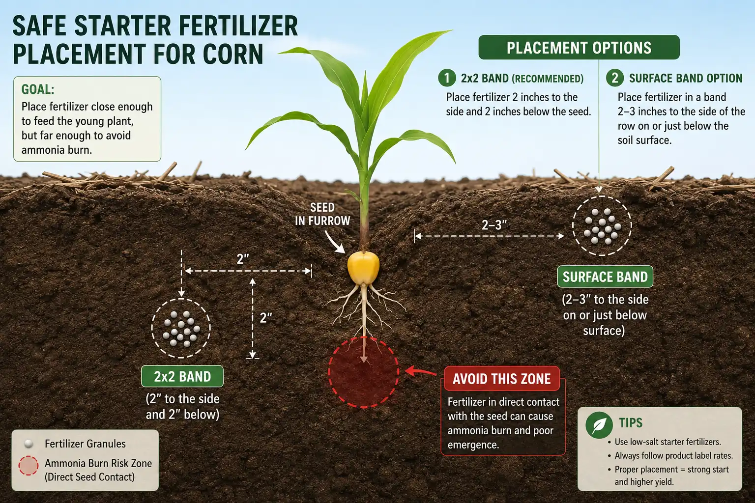 Diagram of safe 2×2 and surface band placement of DAP fertilizer away from the corn seed to avoid burn
