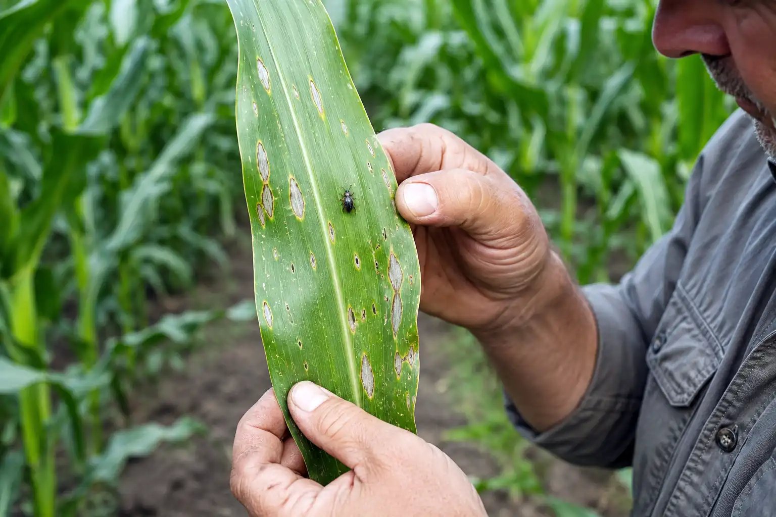 Farmer scouting a corn leaf for pests and disease such as gray leaf spot
