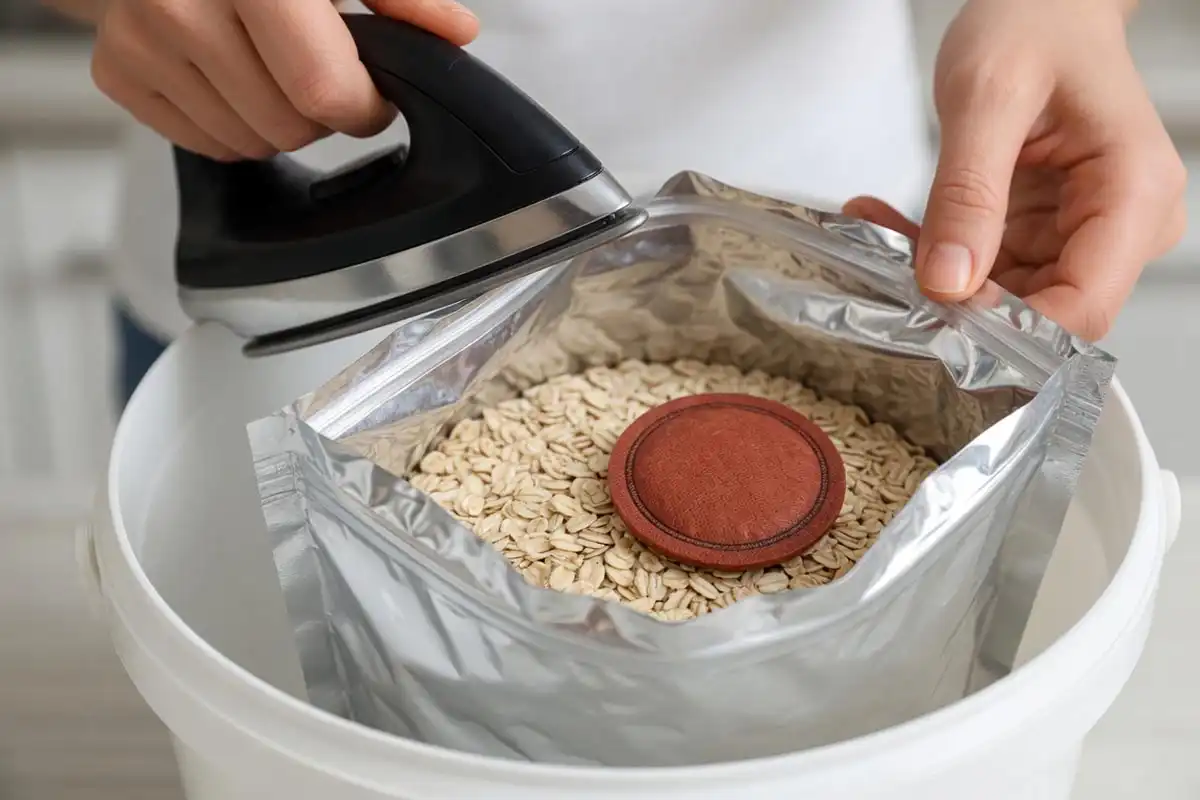 Farmer sealing a Mylar bag of rolled oats with an iron inside a food-grade bucket, with an oxygen absorber on top, for long term storage