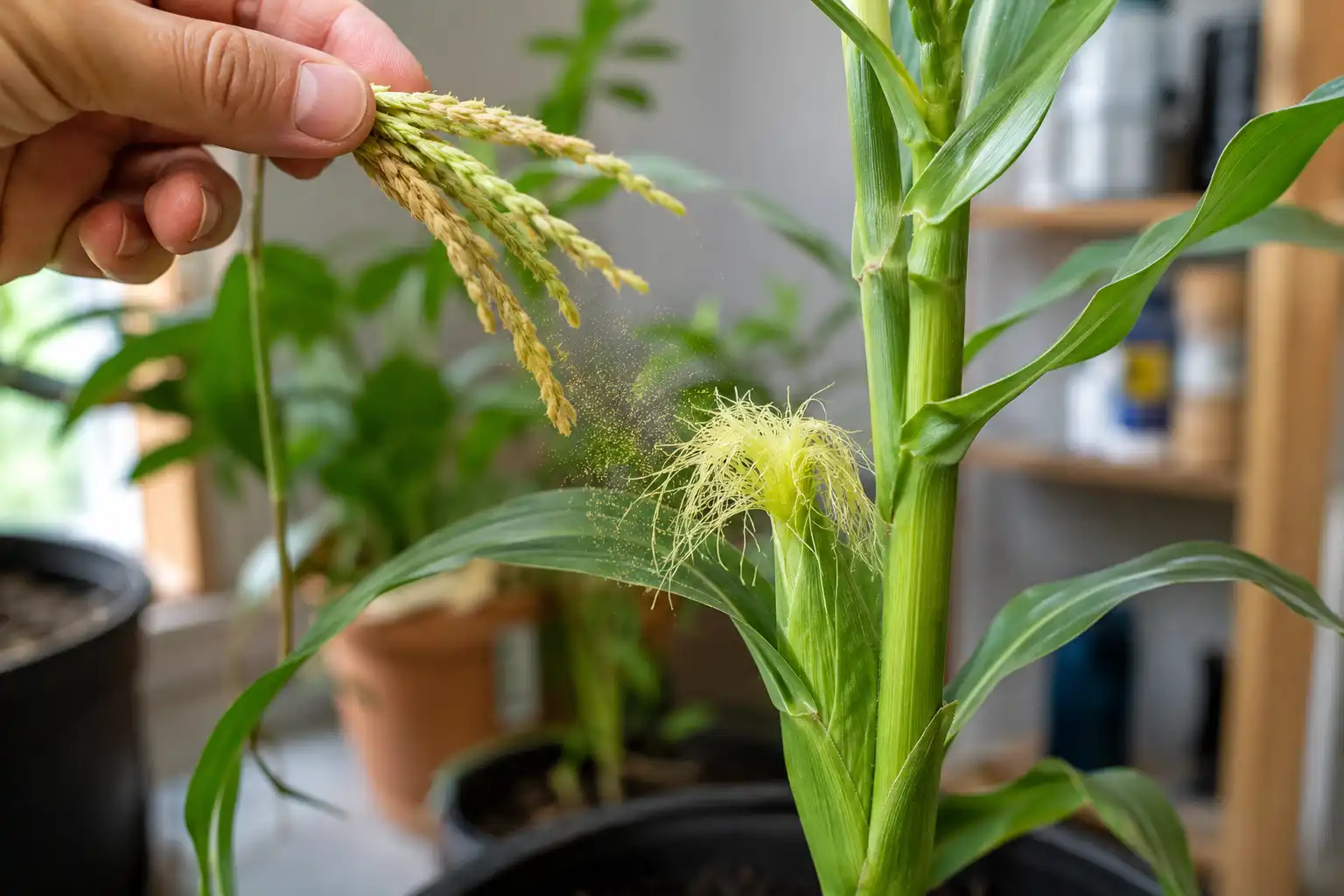 pollinating indoor corn by shaking a tassel over the silks so pollen reaches each kernel