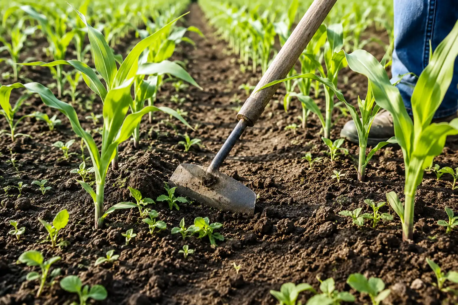 Shallow cultivation clearing small weeds between rows of young corn seedlings