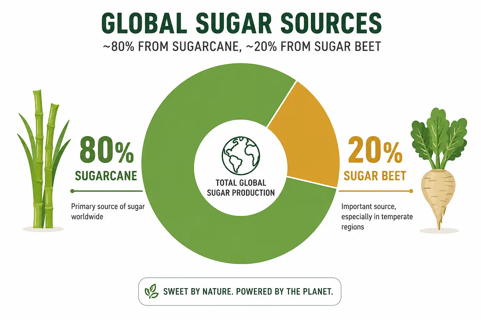Infographic about 80 percent of world sugar comes from sugarcane and 20 percent from sugar beet.
