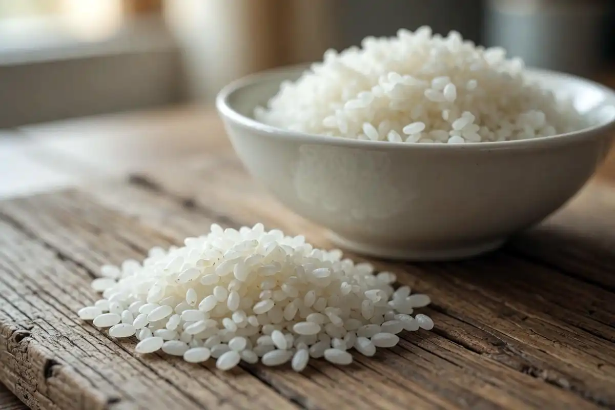 Short grain rice shown as plump round raw grains and a bowl of soft sticky cooked rice
