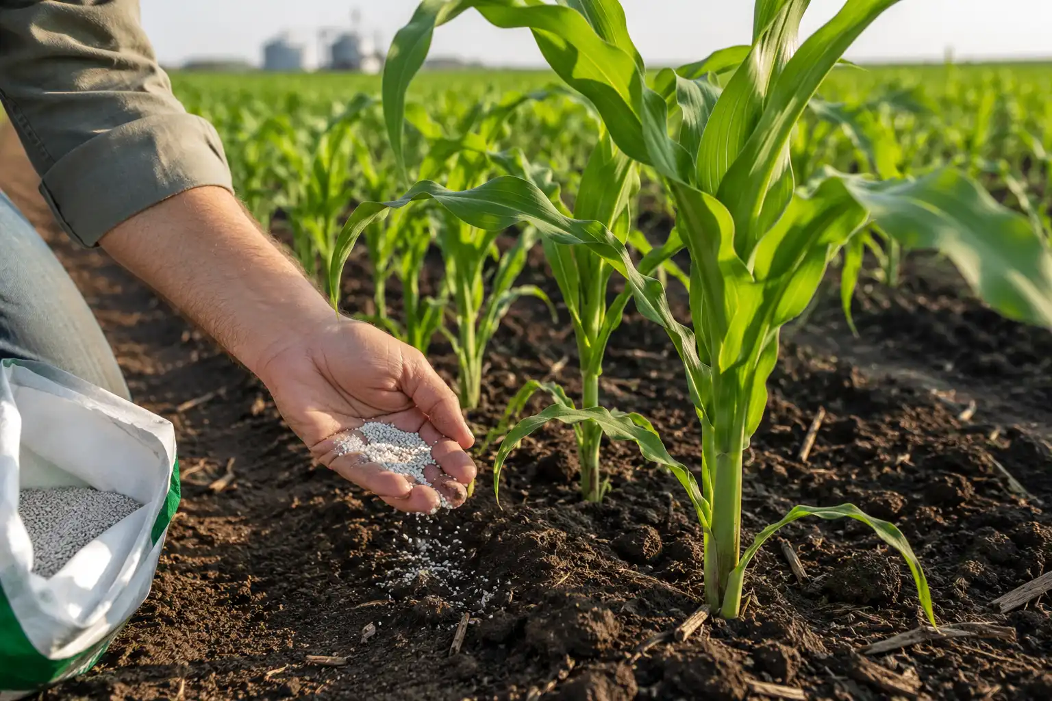 Farmer side-dressing nitrogen fertilizer beside knee-high corn plants at the six-leaf stage