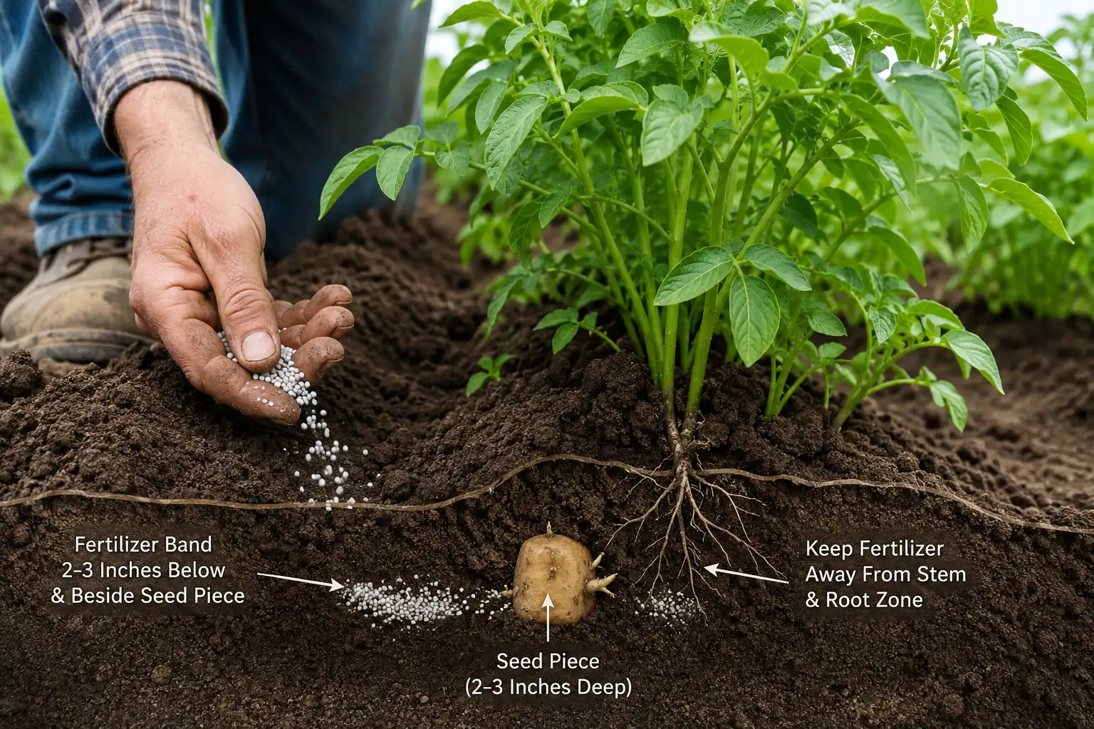Farmer side-dressing a potato row at hilling with a cutaway diagram showing correct fertilizer band placement beside the seed piece