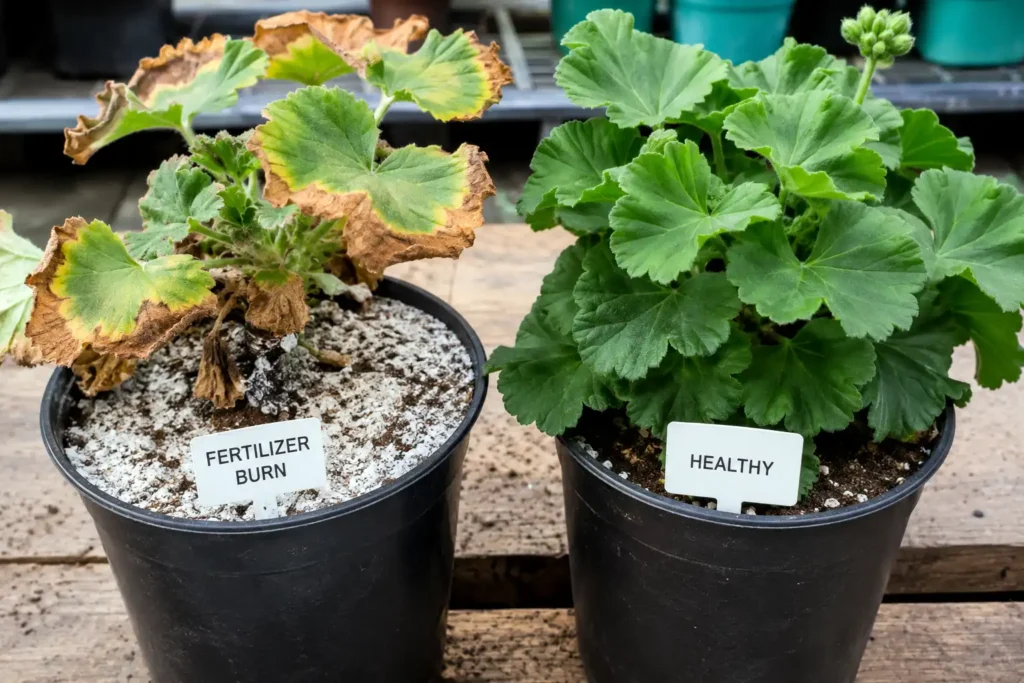 Plant with brown leaf edges and white salt crust showing fertilizer burn from over-applying 20-20-20