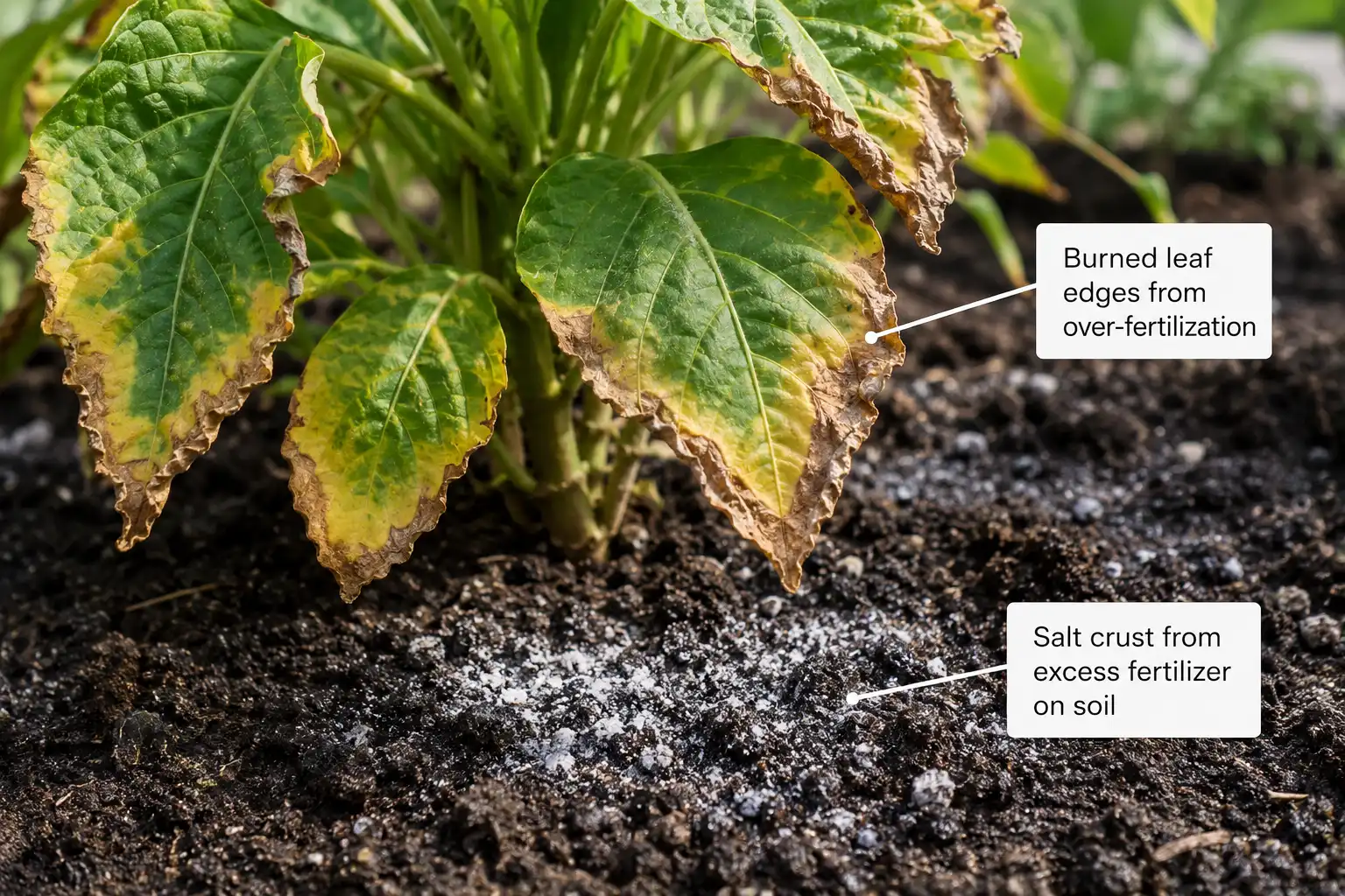 Signs of over-applying 16-16-16 fertilizer, including scorched leaf edges and a soil salt crust