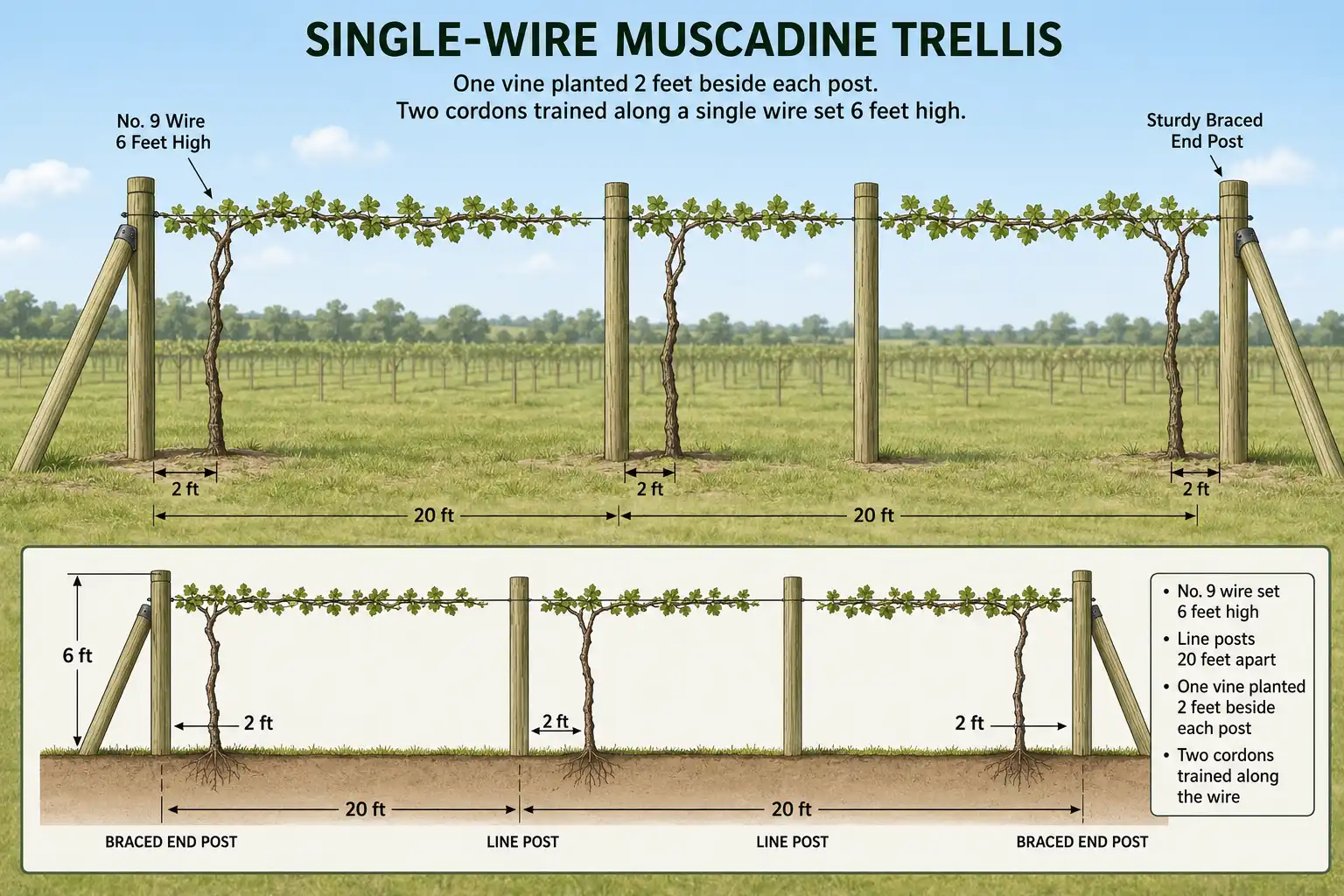Diagram of a single-wire muscadine trellis about 6-foot wire height, 20-foot post spacing, and vine placement