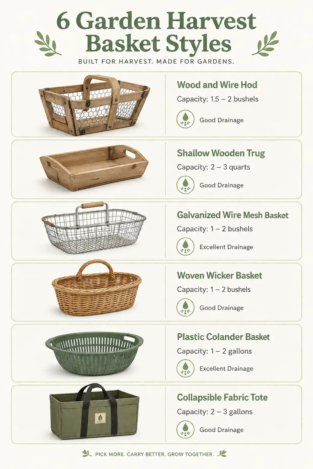 Infographic comparing six garden harvest basket types including hod, trug, wire mesh, wicker, plastic colander, and collapsible fabric