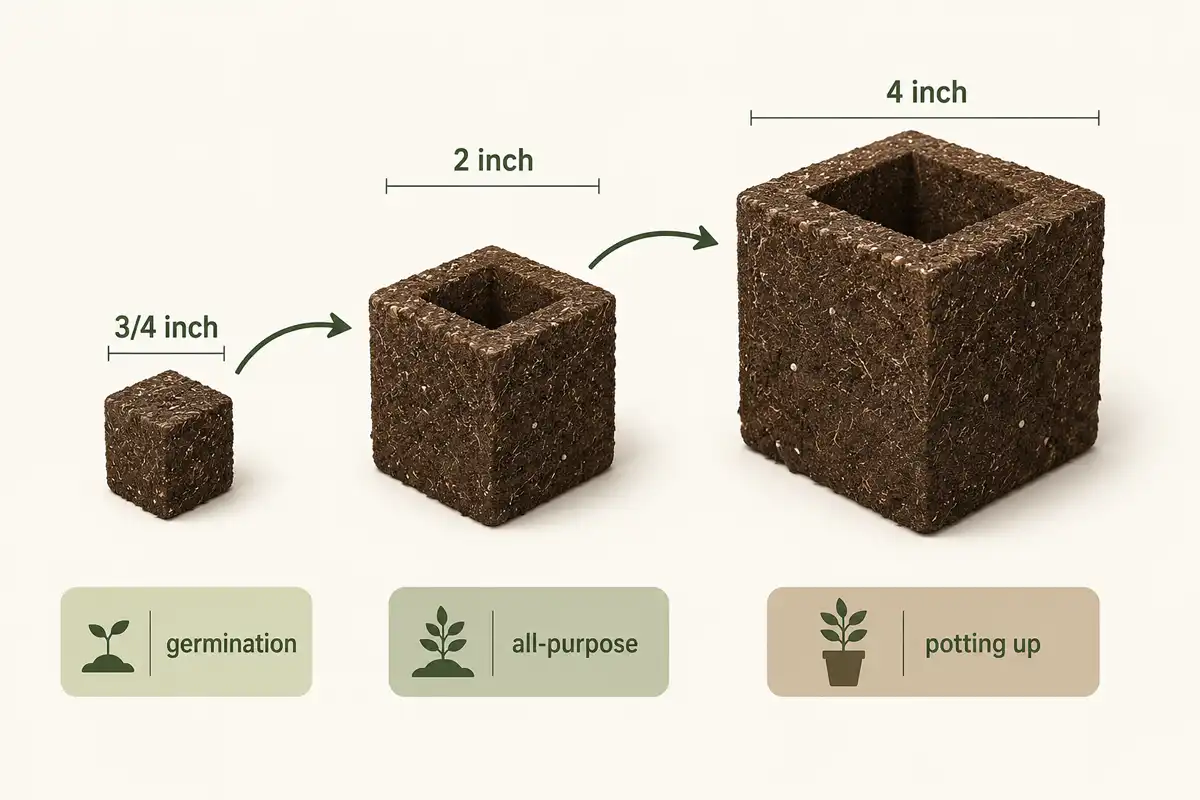 chart comparison of 3/4-inch, 2-inch, and 4-inch soil blocks and how they nest for potting up