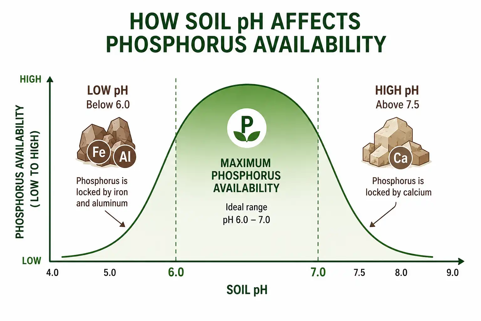 Infographic about phosphorus is most available between soil pH 6.0 and 7.0 and locks up outside that range