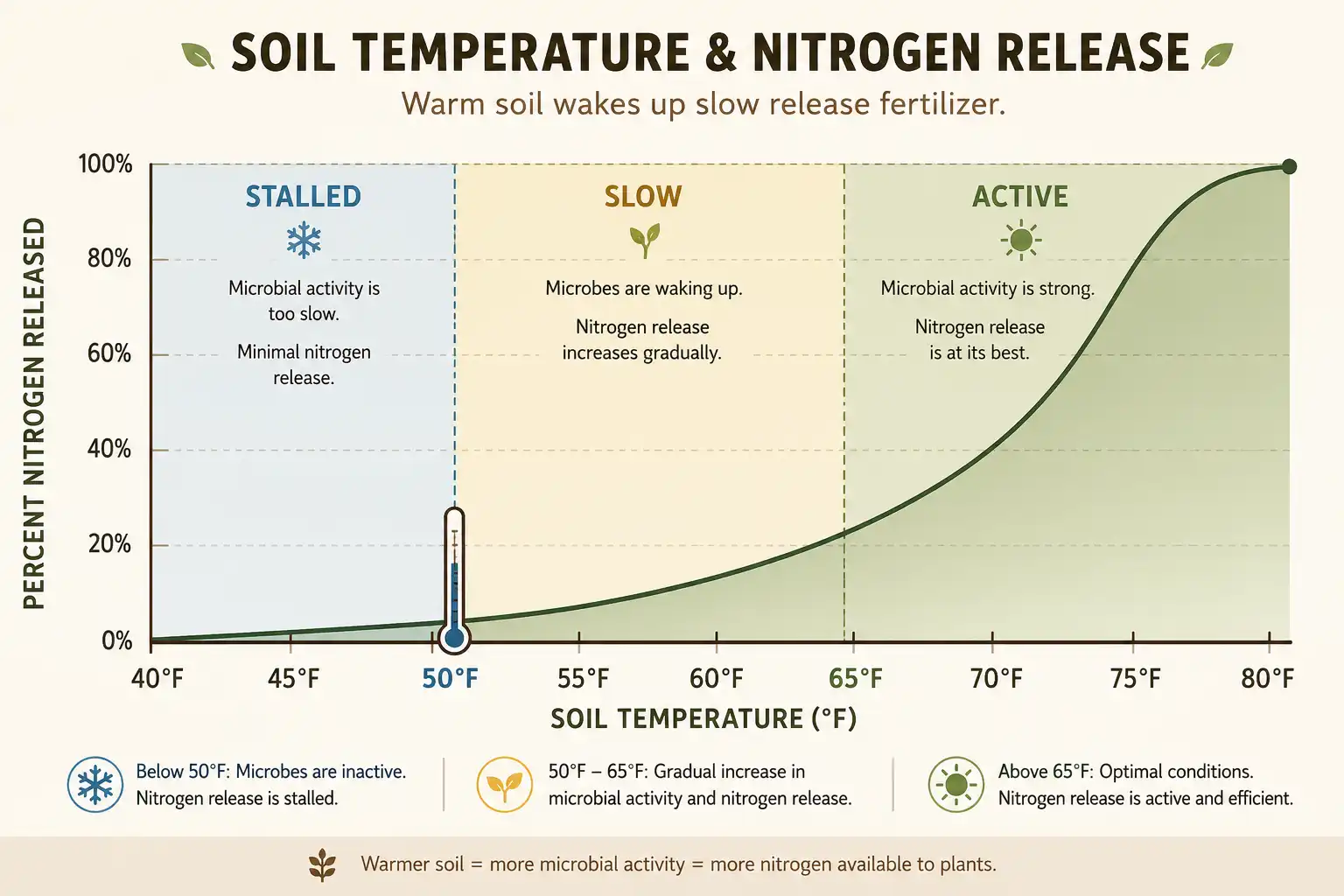 Chart about organic fertilizer nitrogen release stalling below 50°F and rising as soil warms toward 77°F