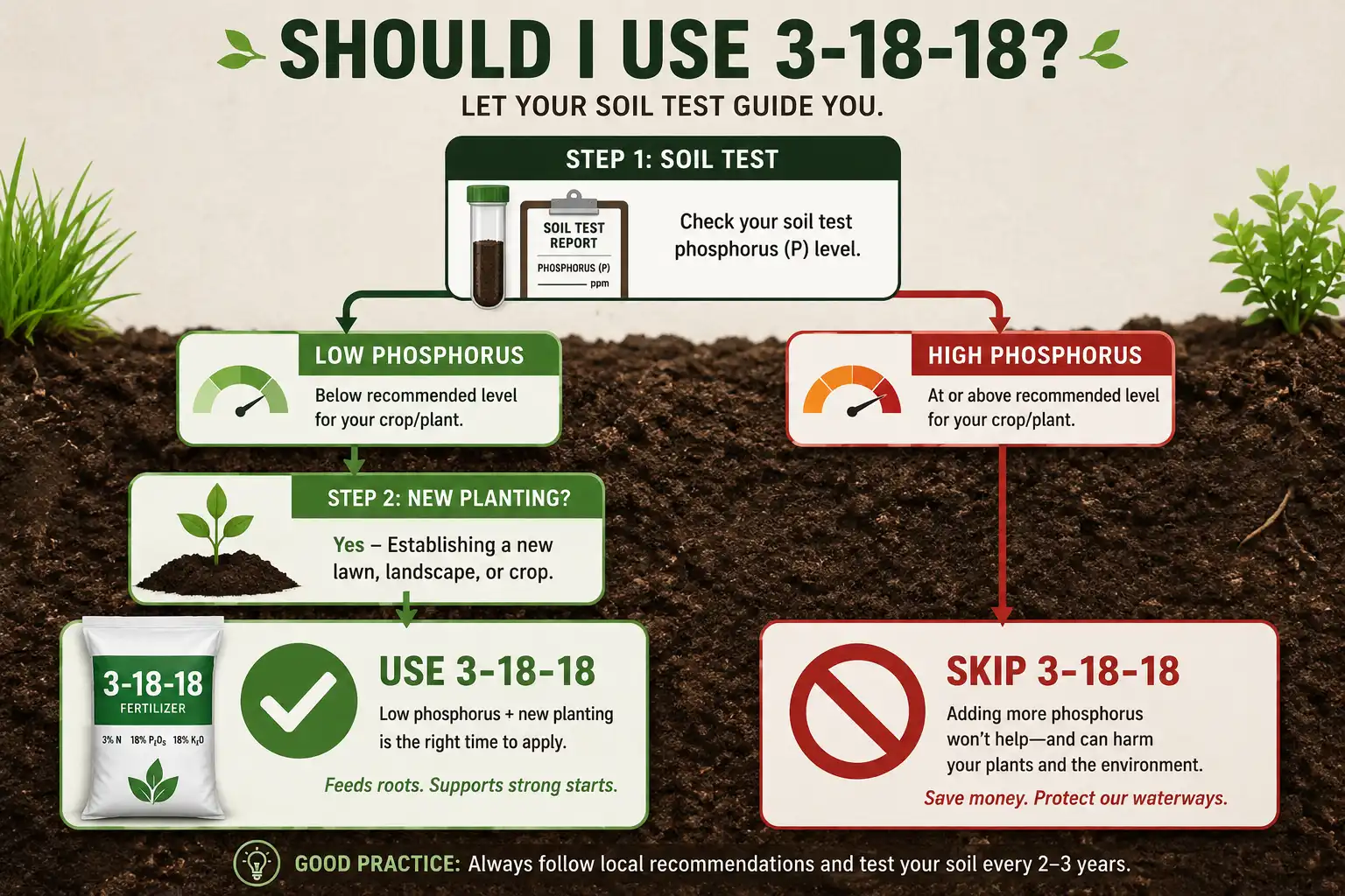 When to use 3-18-18 fertilizer based on a soil test and whether plants are new