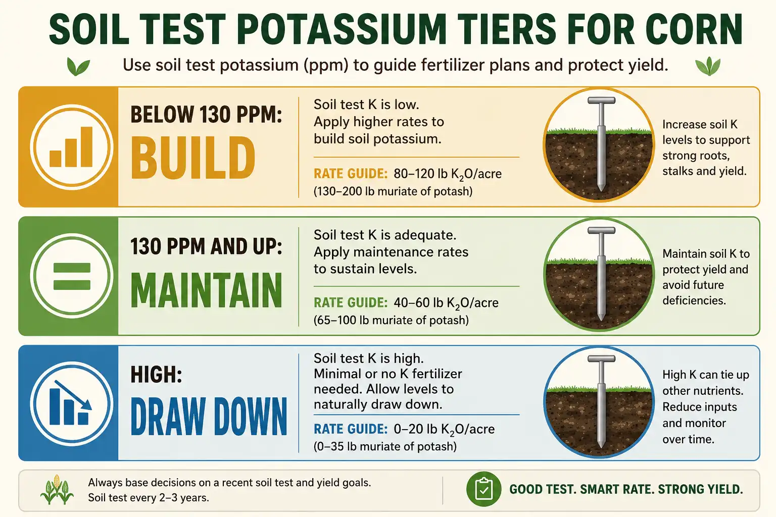 Infographic of soil test potassium tiers guiding how much potassium to apply to corn per acre