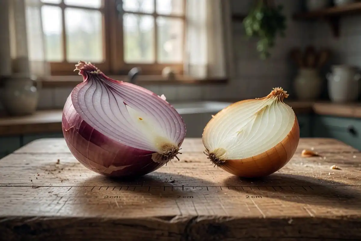 A large mild Spanish onion next to a smaller sharper standard yellow onion, both halved to show the size difference.
