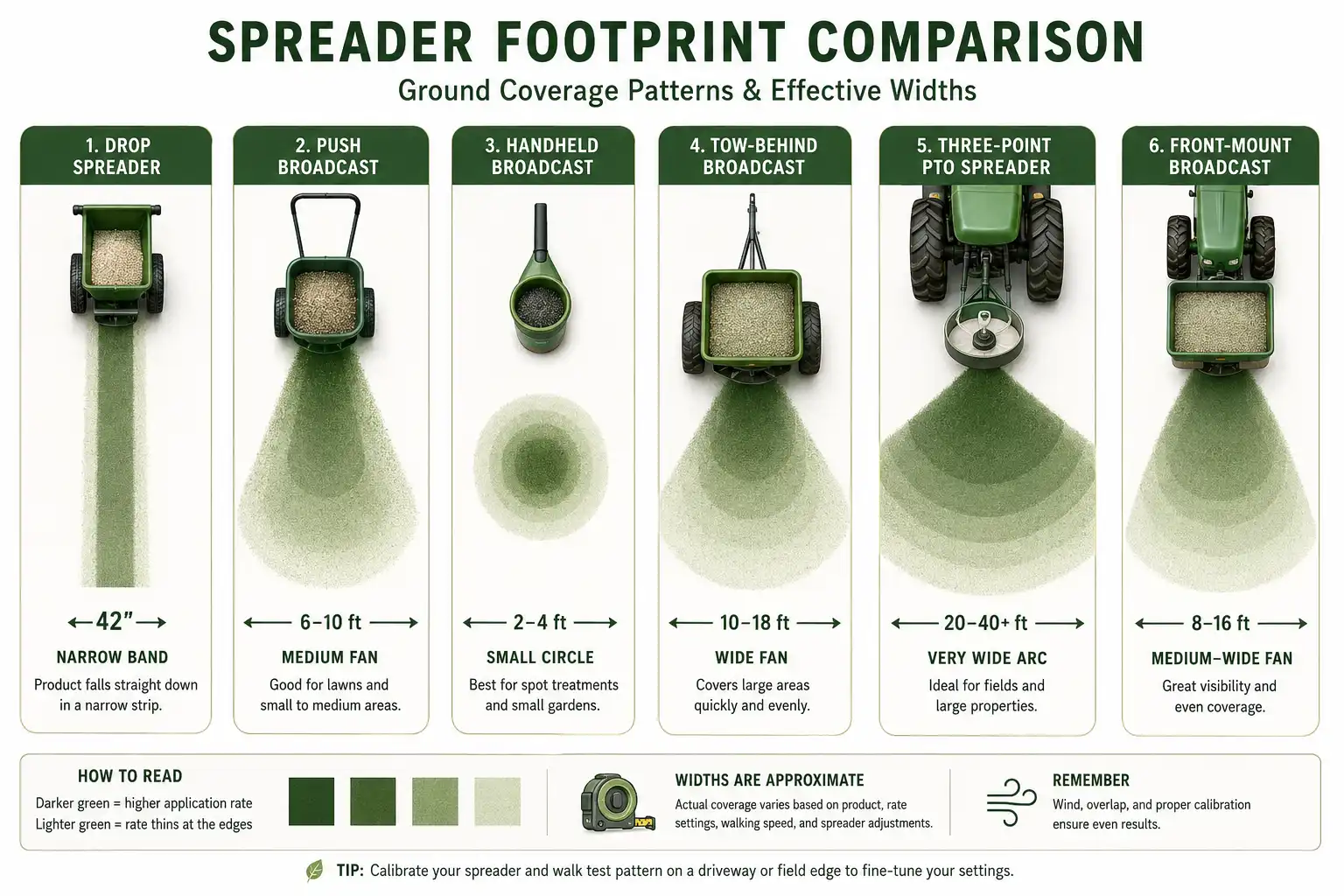 Overhead diagram comparing the ground pattern each fertilizer spreader type lays down, from a narrow drop band to a wide PTO arc
