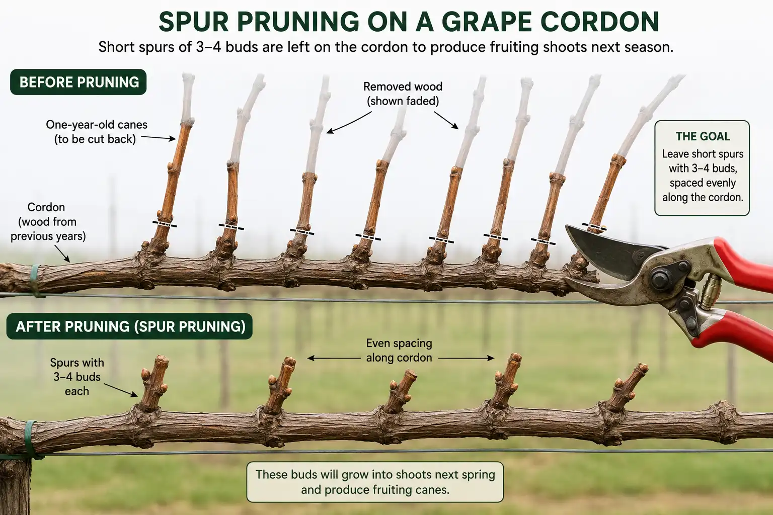 Diagram of spur pruning a grape cordon back to short three or four bud spurs in winter