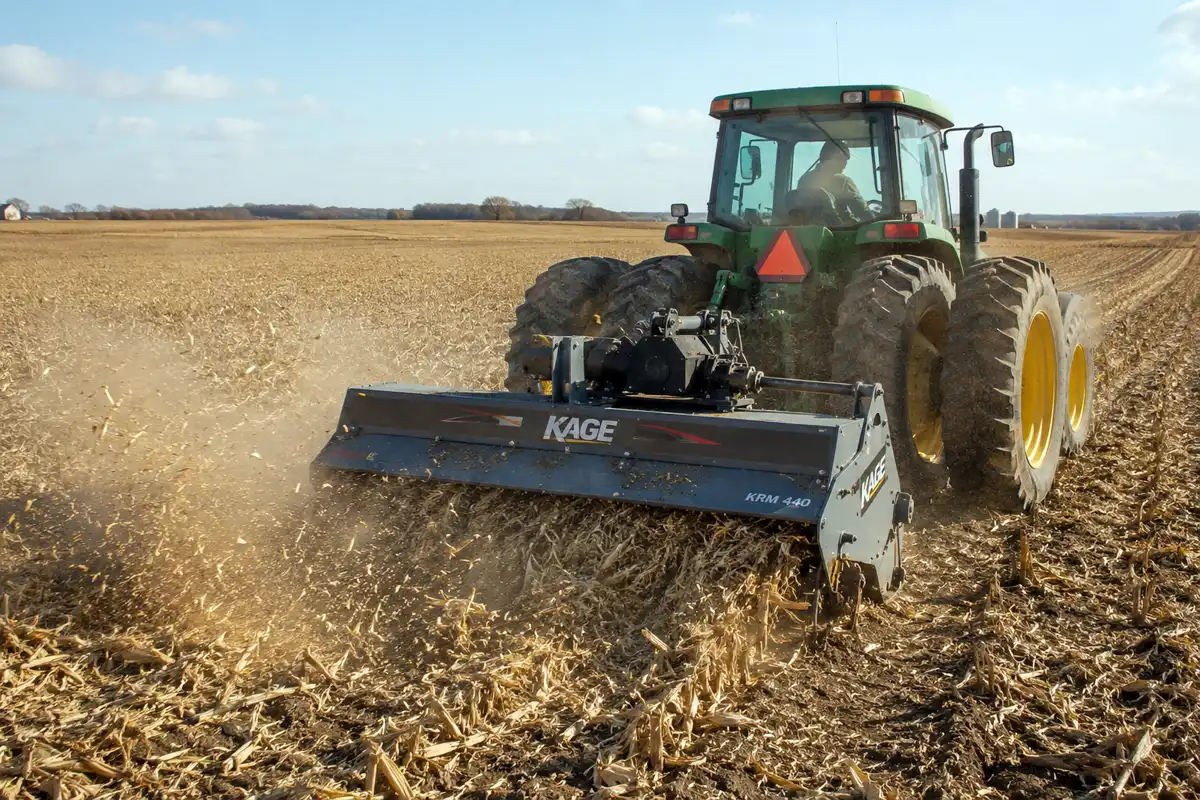 Tractor and flail shredder chopping corn stalks in a field after grain harvest to speed residue breakdown