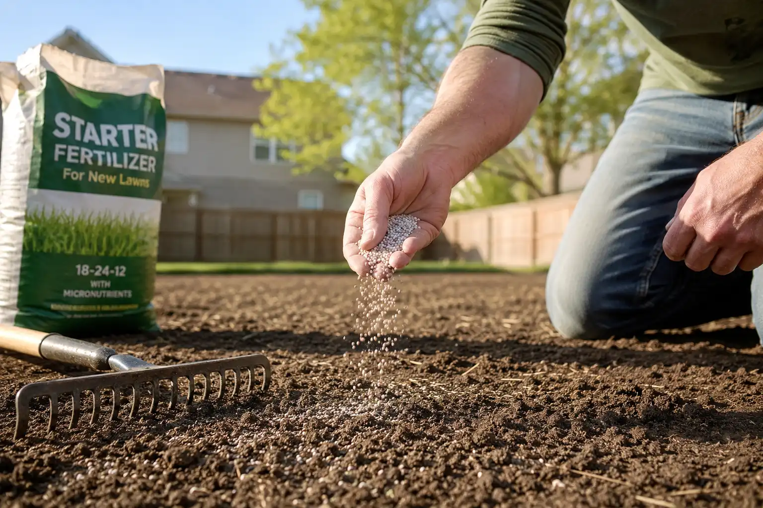 Applying balanced 15-15-15 starter fertilizer to bare soil when establishing a new lawn from seed
