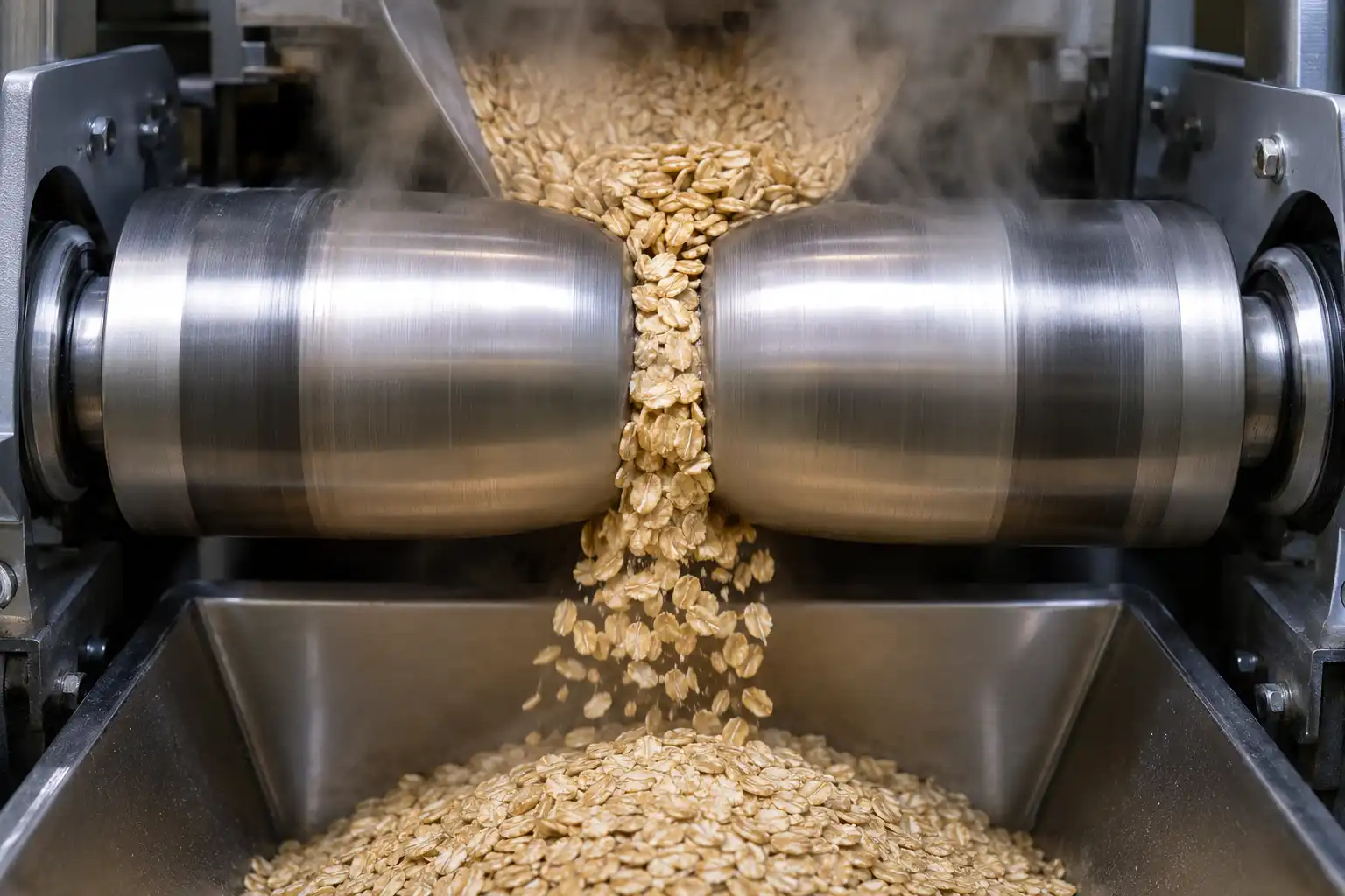 Steel mill rollers flattening steamed oat groats into flat rolled oats during the making process