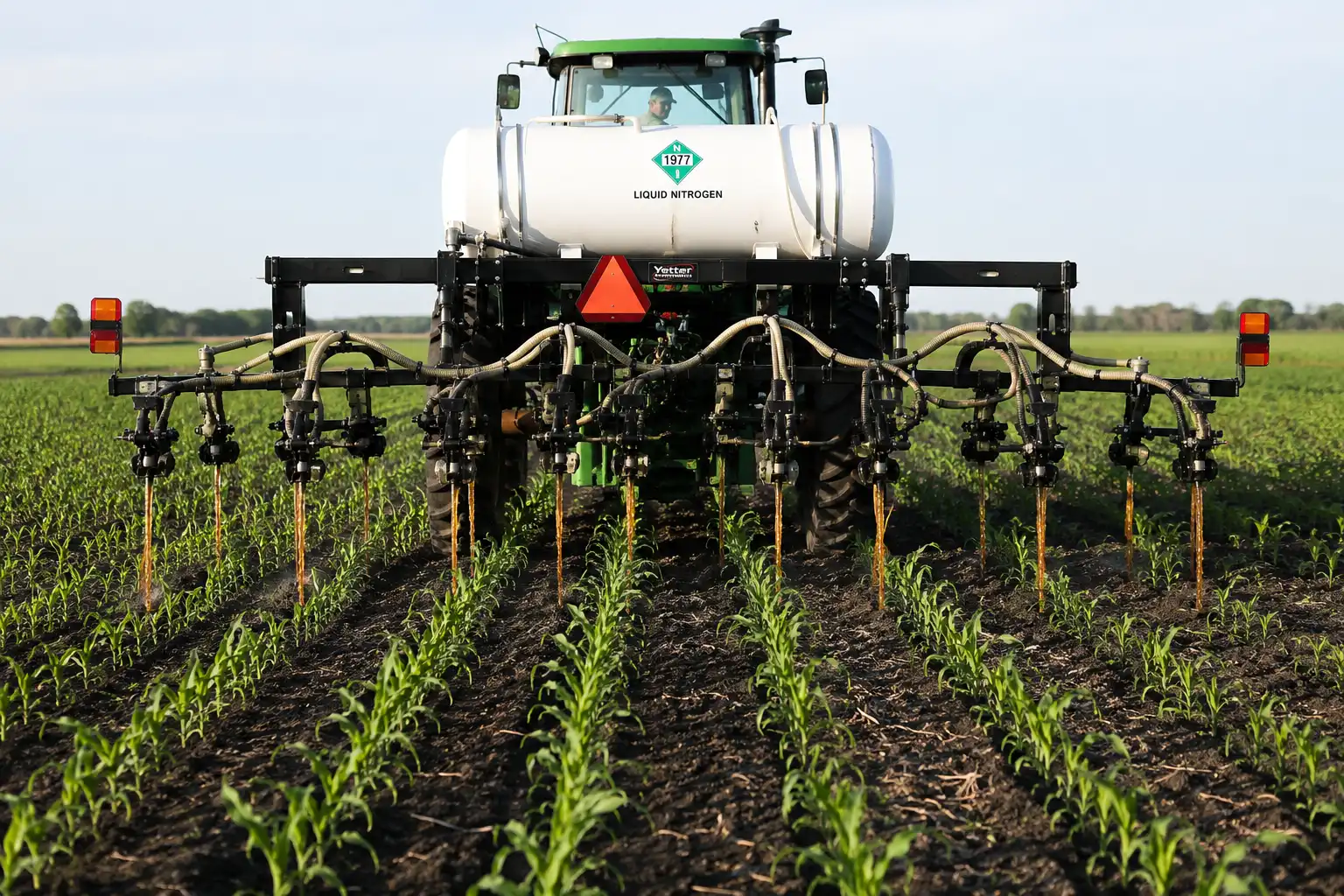 Applying 32-0-0 liquid UAN in surface bands between corn rows during sidedress